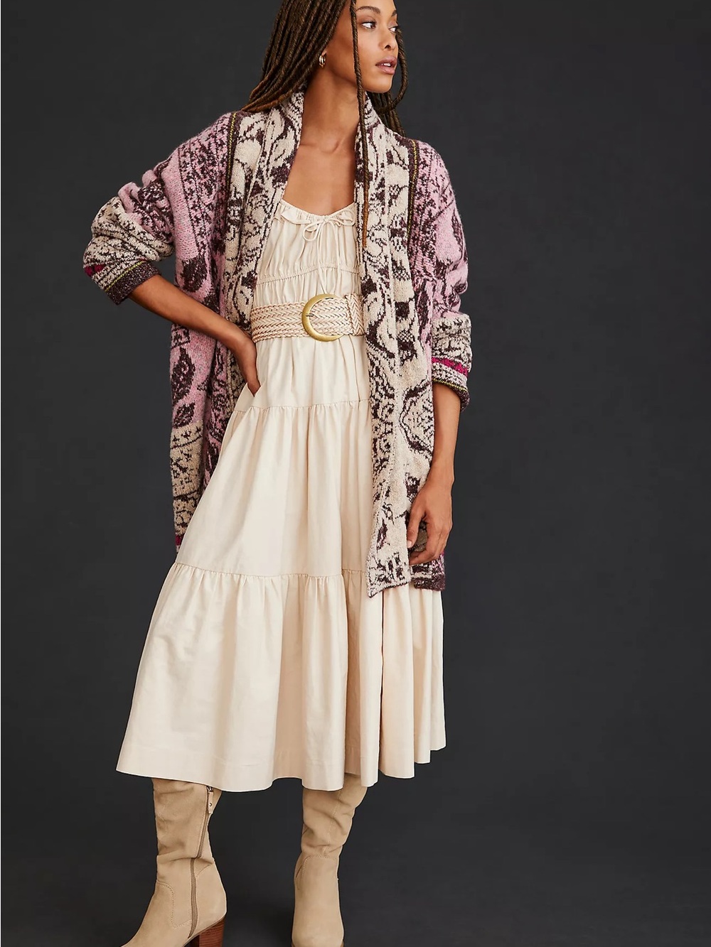 By Anthropologie  Cozy Pink & Cream Patterned Open Cardigan - Picture 2 of 9